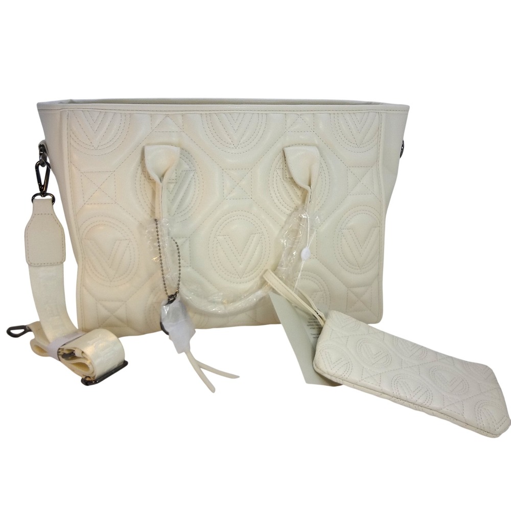NWT‎ Valentino Orlandi Quilted Tote Bag Shoulder Bag Cream Vegan Leather Pouch